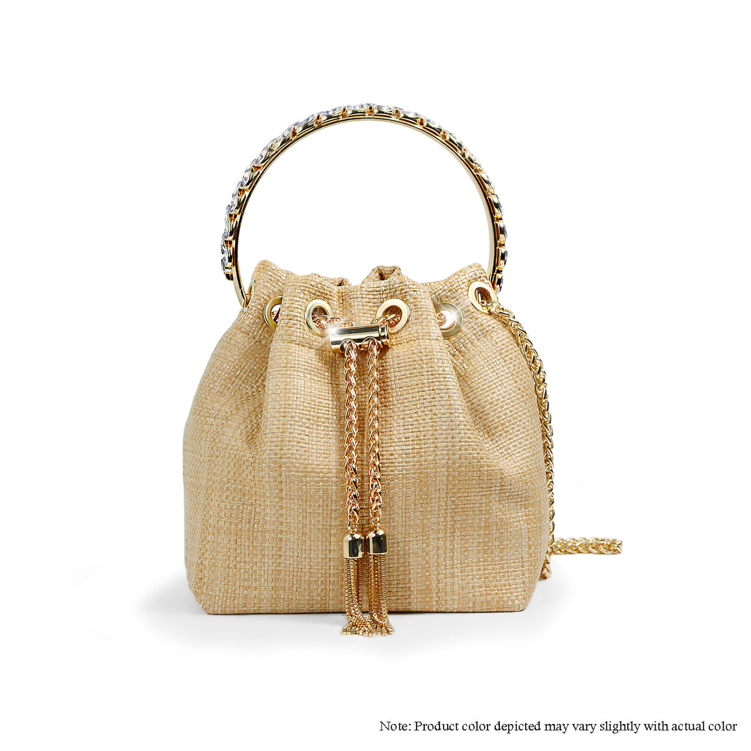 a small beige purse with a gold chain handle