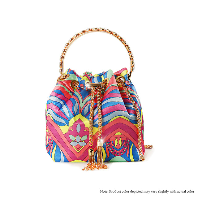 a colorful handbag with a tasseled handle