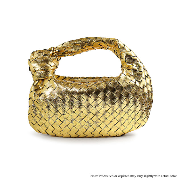 a gold woven purse on a white background
