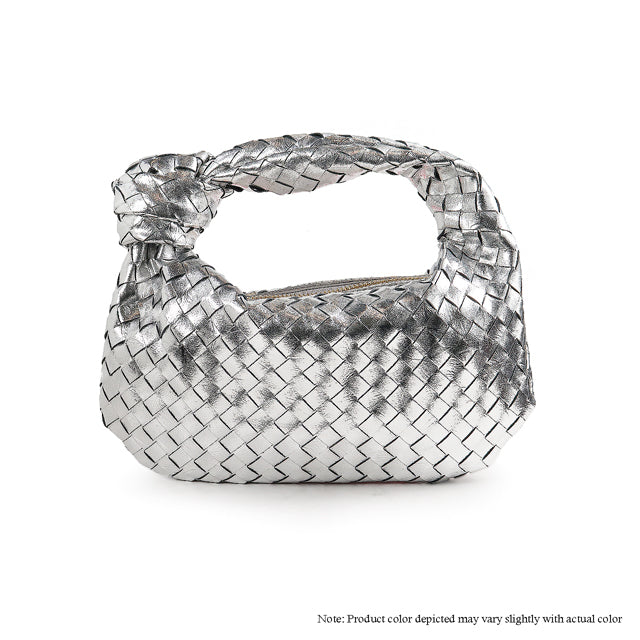 a silver purse with a handle on a white background