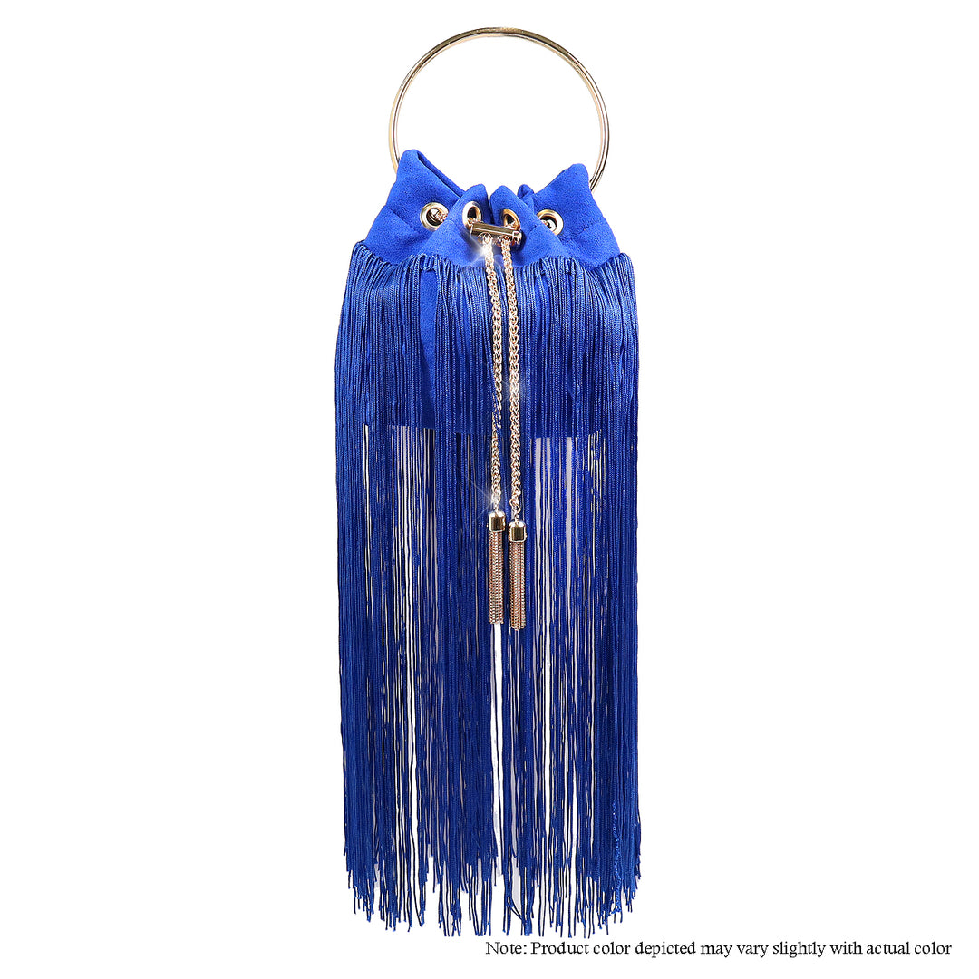 a blue purse with a ring handle and tassels