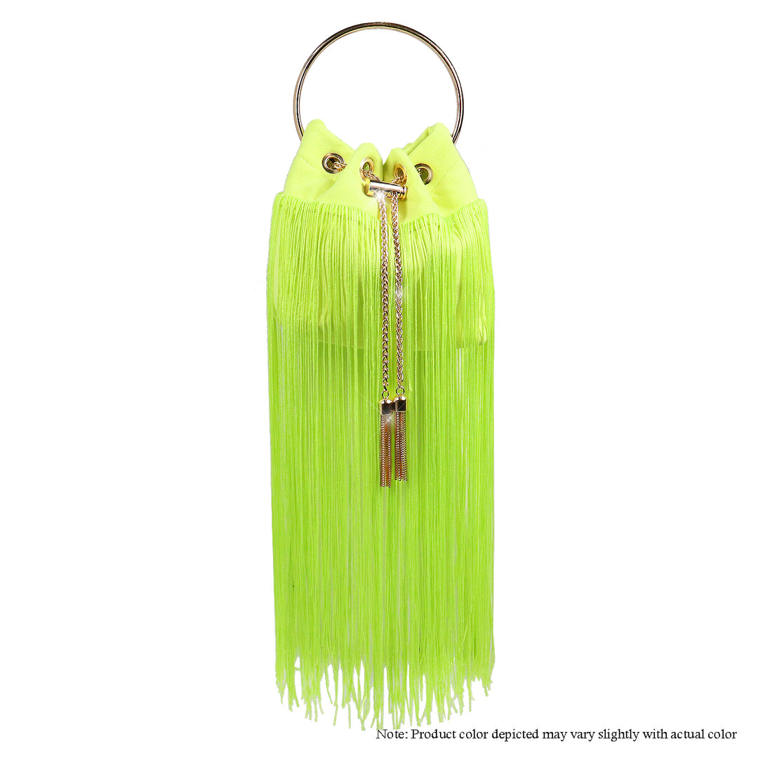 a neon green purse with a ring handle