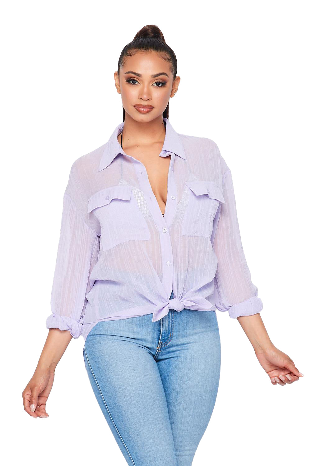 See Thru Striped Bottom Up Shirt - Lavender Hot & Delicious