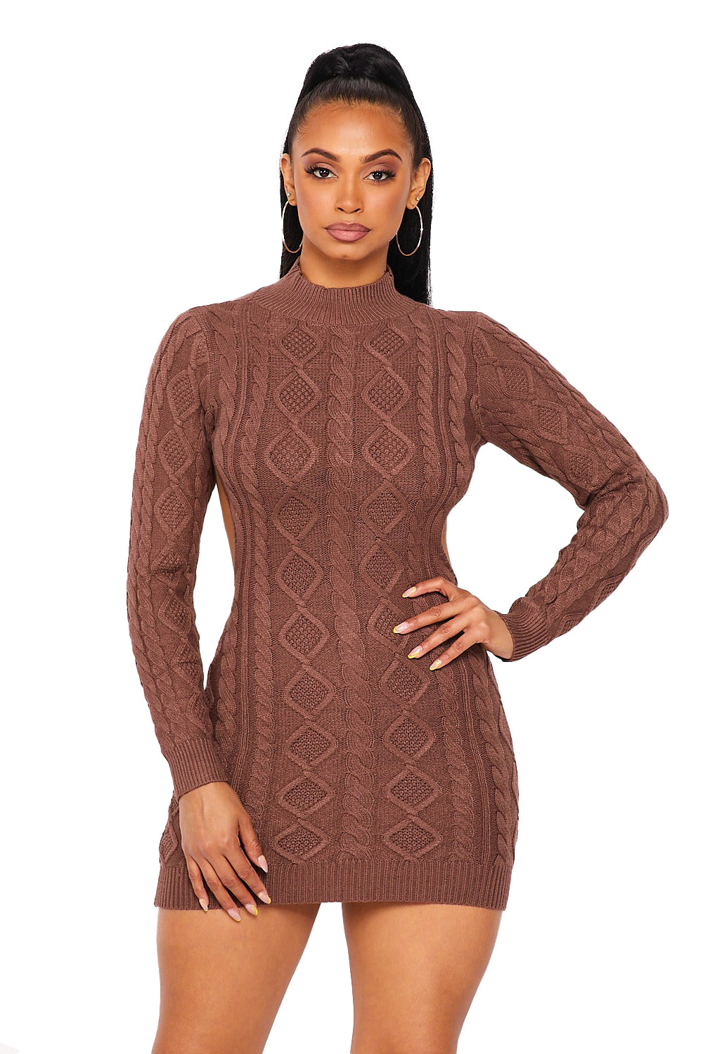 Mock Neck Back Out Sweater Dress Brown / Small