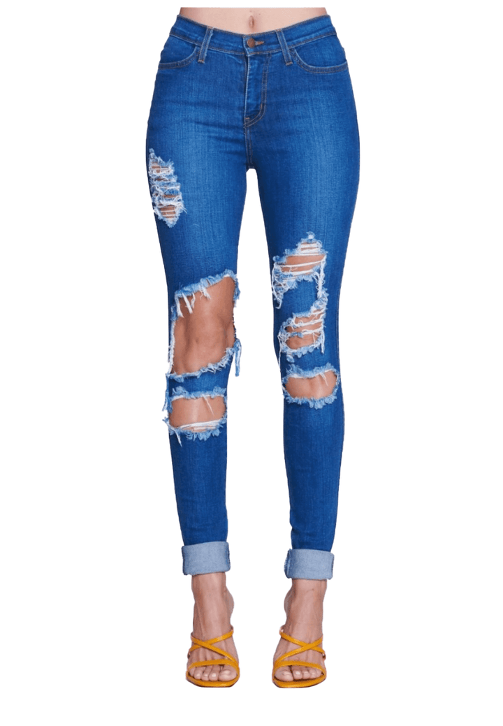 {P711} Cuffed Blue Denim Distressed Skinny Jeans Vibrant