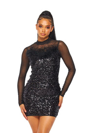 Sequin and Feather Mesh Long Sleeve Mini Dress