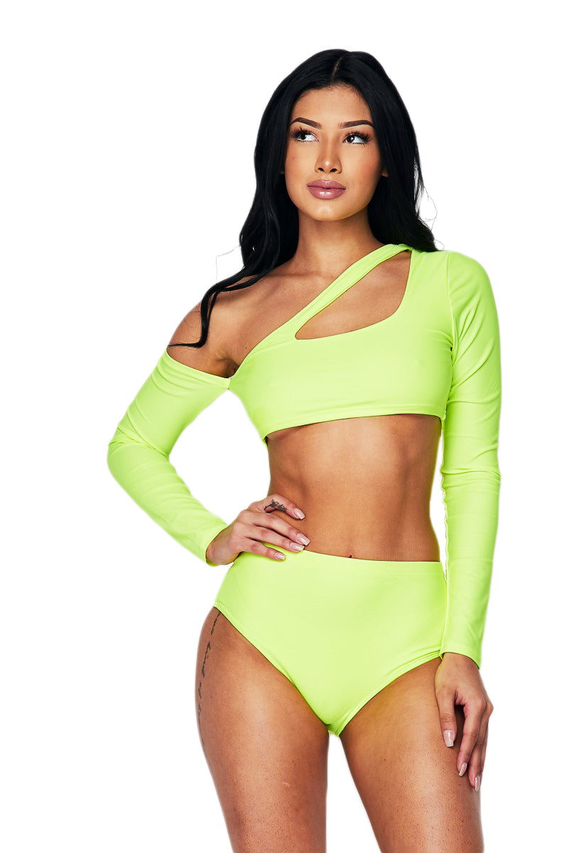 Two Piece Long Sleeve Tankini - Neon Lime The House of Stylez