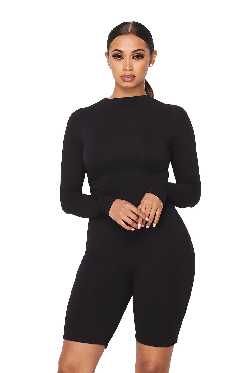 a woman in a black bodysuit