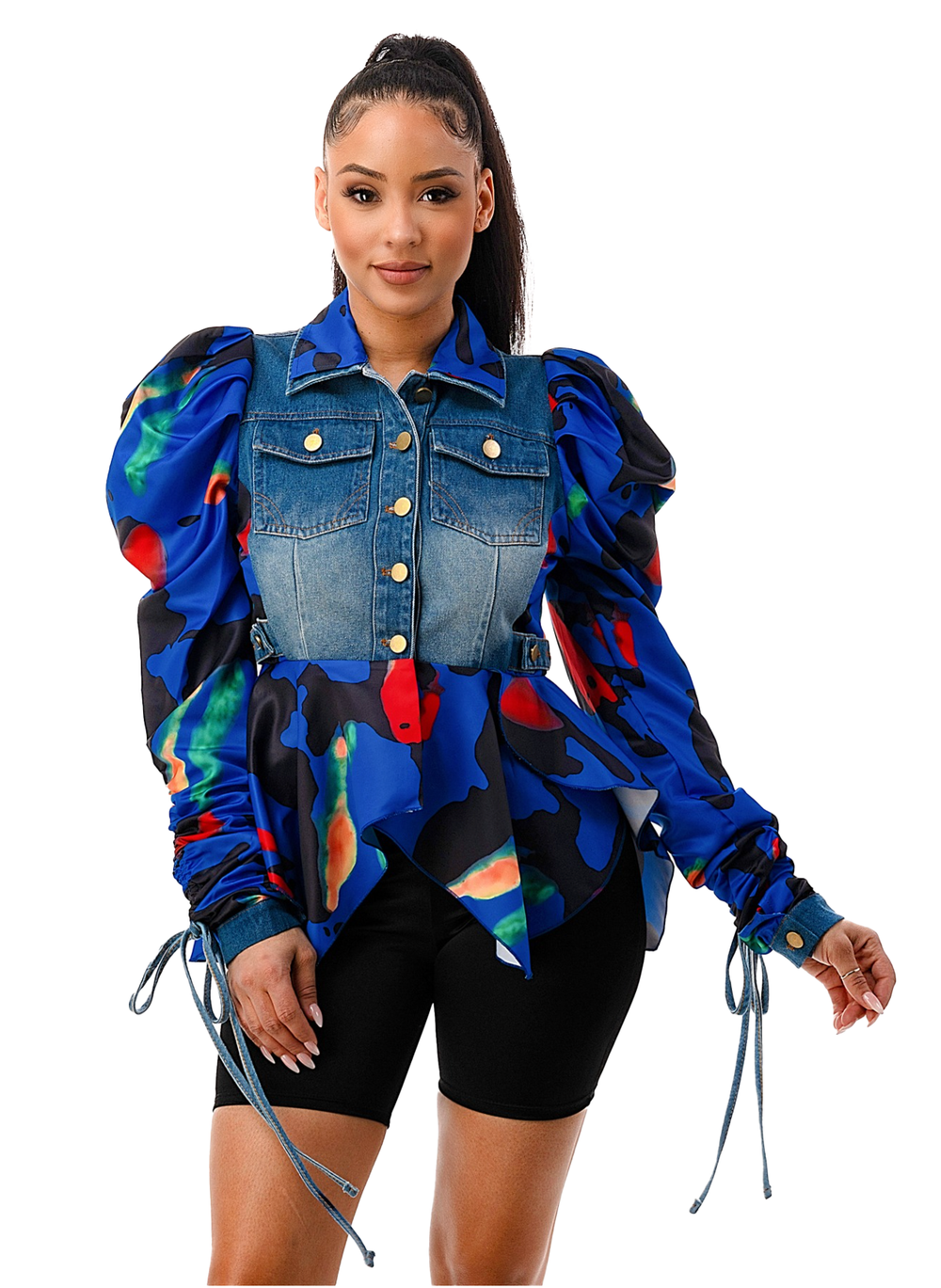 a woman wearing a jean jacket and shorts