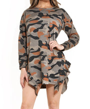 Camo Sweatshirt Dress with ruffle slits- {2 colors available} KTOO