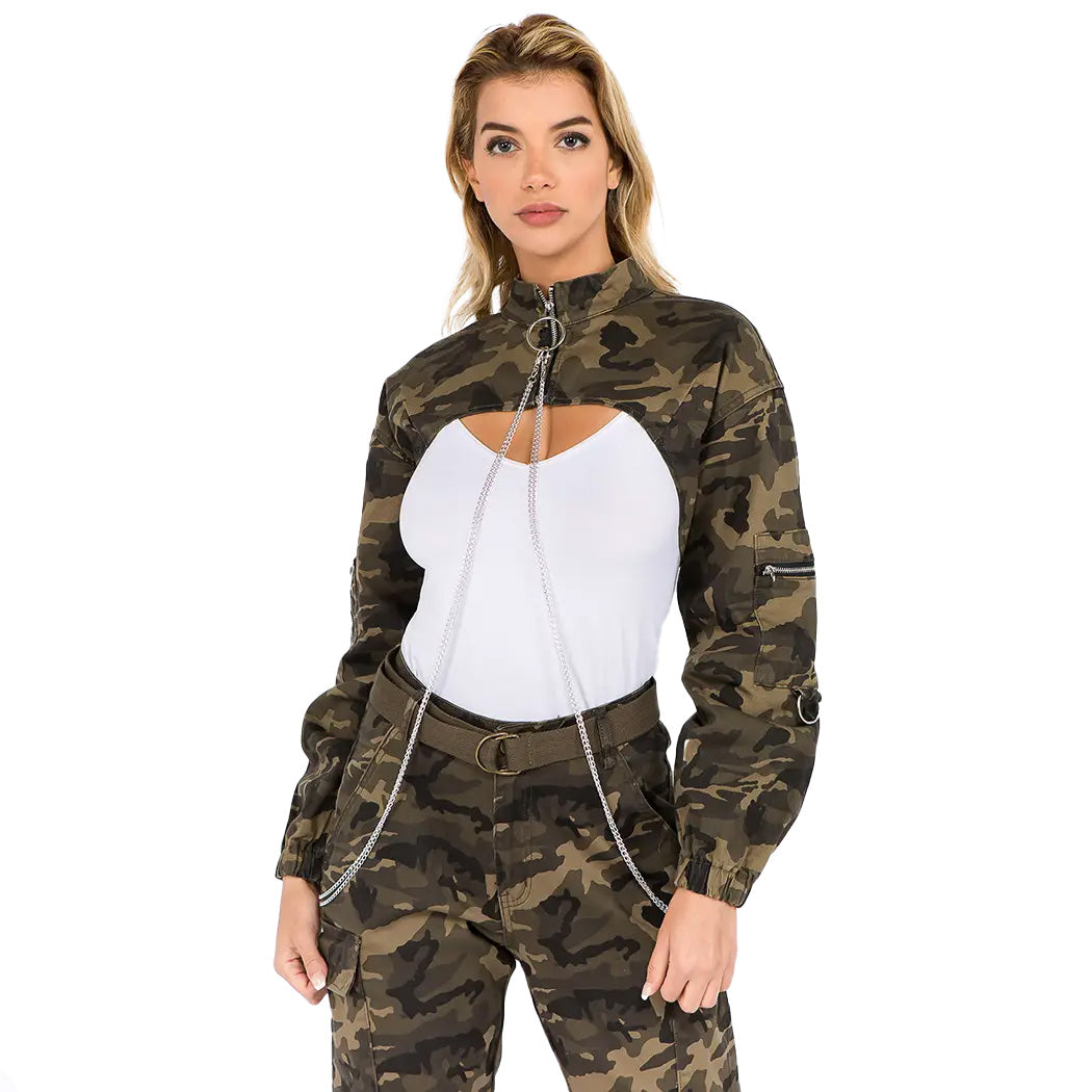 Camouflage Cropped Sleeve Only Jacket with Removable Chains