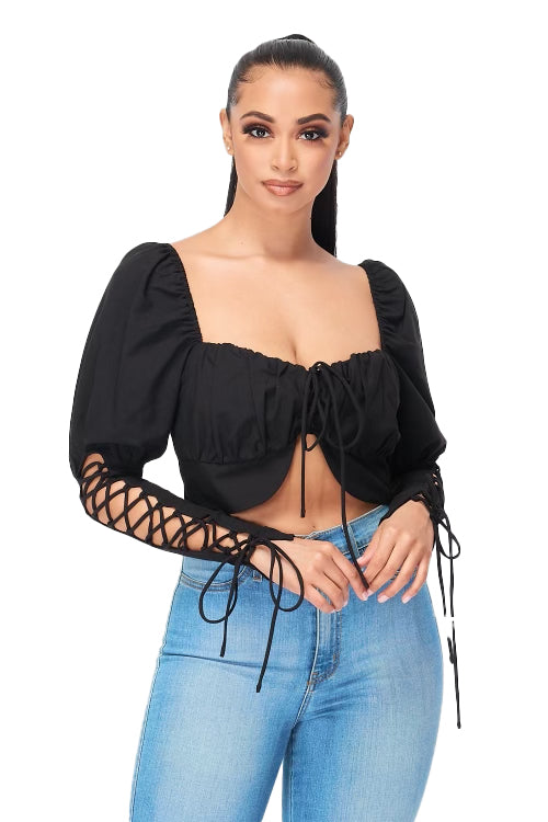 Black Crop Long Sleeve Lace Up Top Hot & Delicious