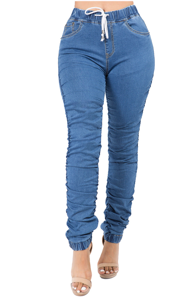 Denim Blue Joggers: High Waisted Scrunch Pants