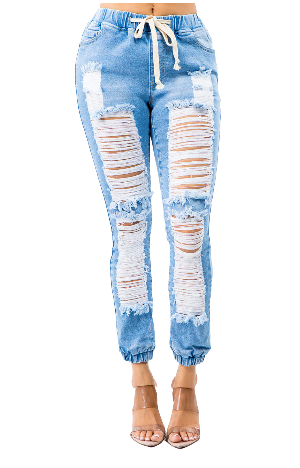 Denim Drawstring High Waisted Front Distressed Joggers