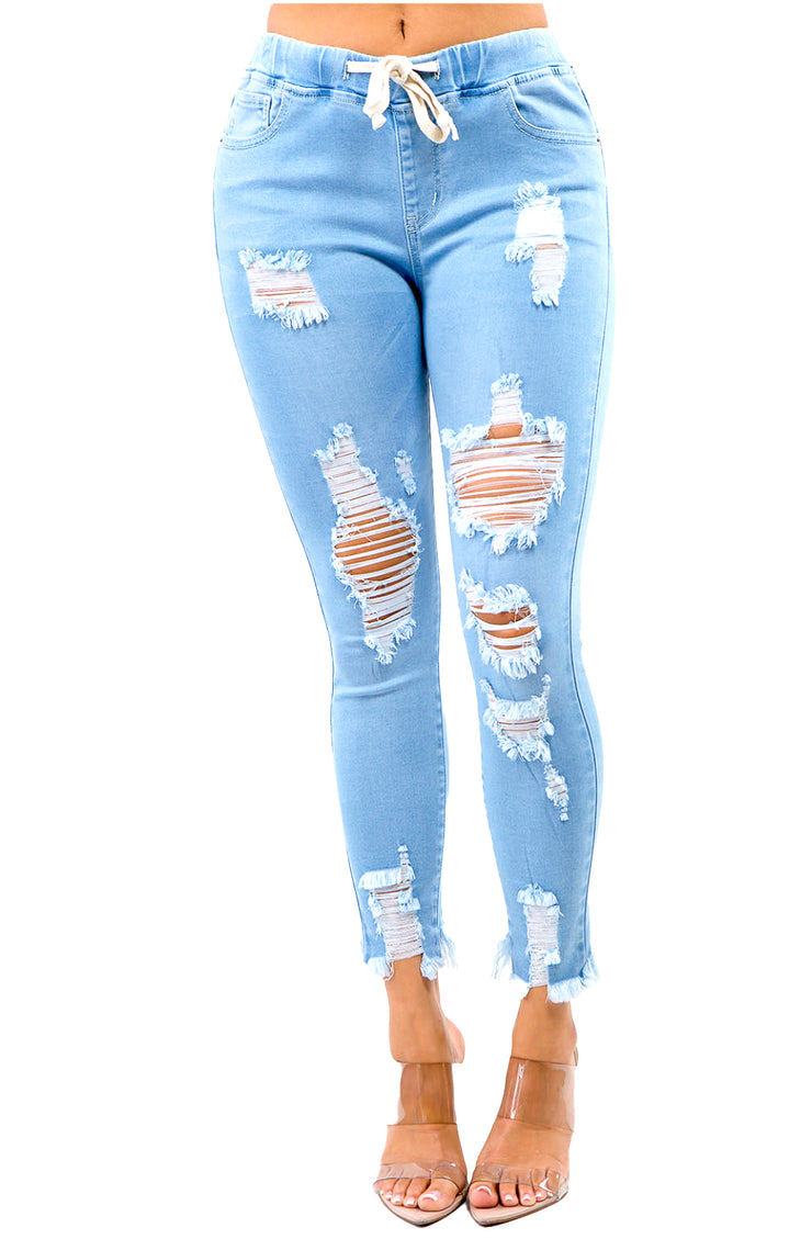 Denim Drawstring High Waisted Distressed Skinny Joggers