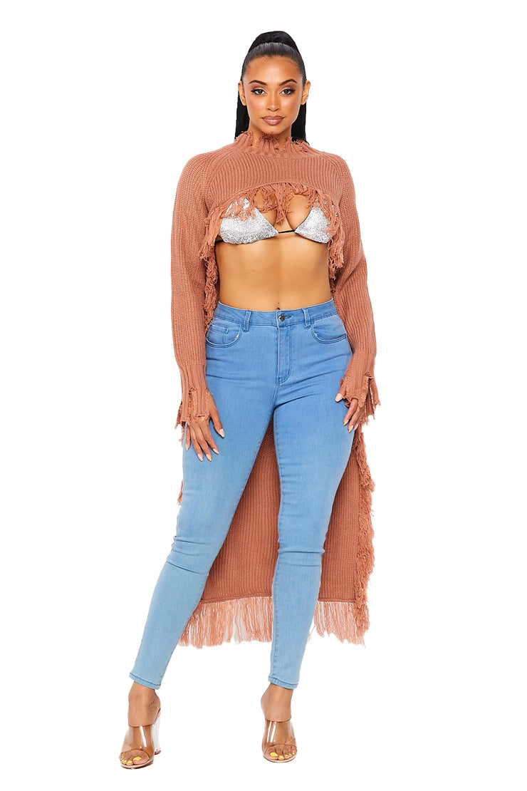 High Low Mock Neck Fringe Sweater Hot & Delicious