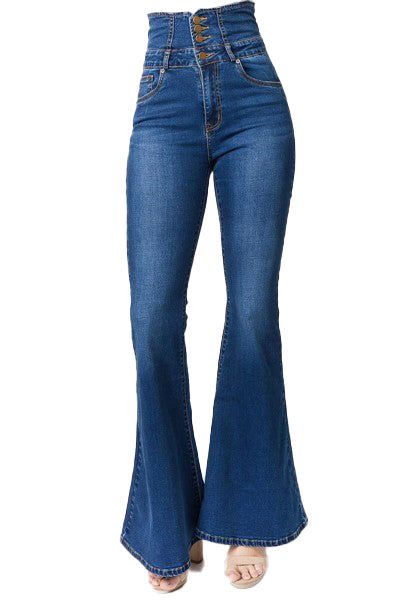 High Waisted Flare Denim Jeans w/ Tied Back American Bazi