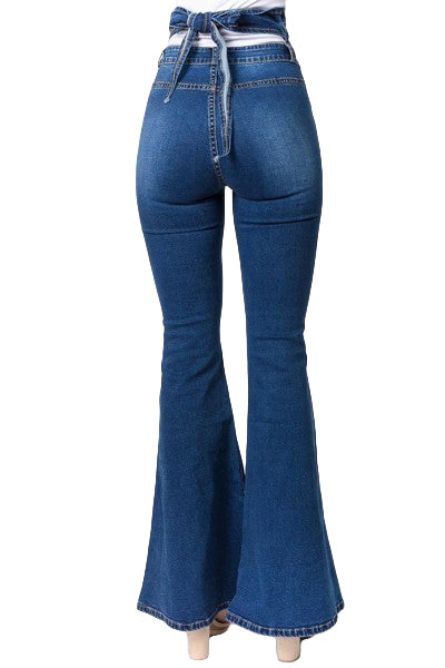 High Waisted Flare Denim Jeans w/ Tied Back American Bazi