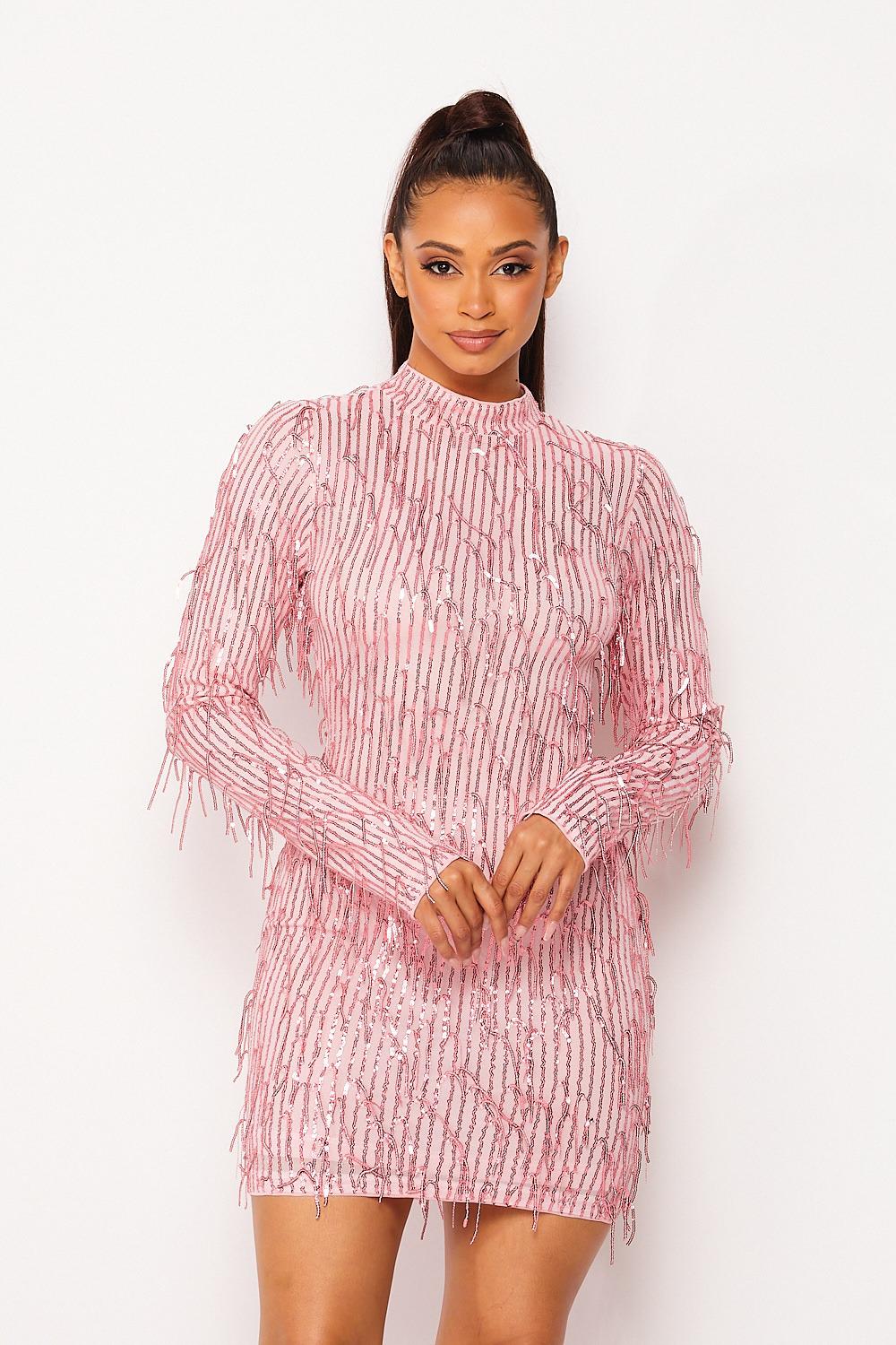 long sleeve pink sequin mini dress Nylon Striped Iridescent Sequin Dress Pink / Large