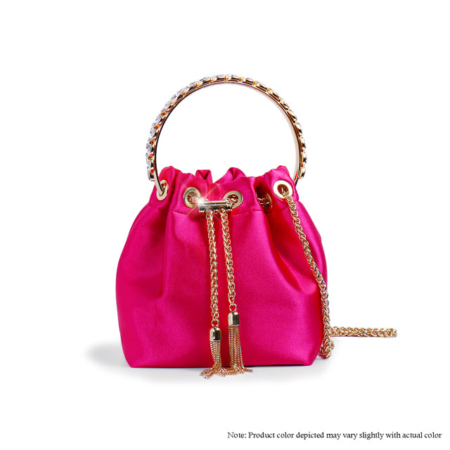 a pink handbag with a chain handle on a white background