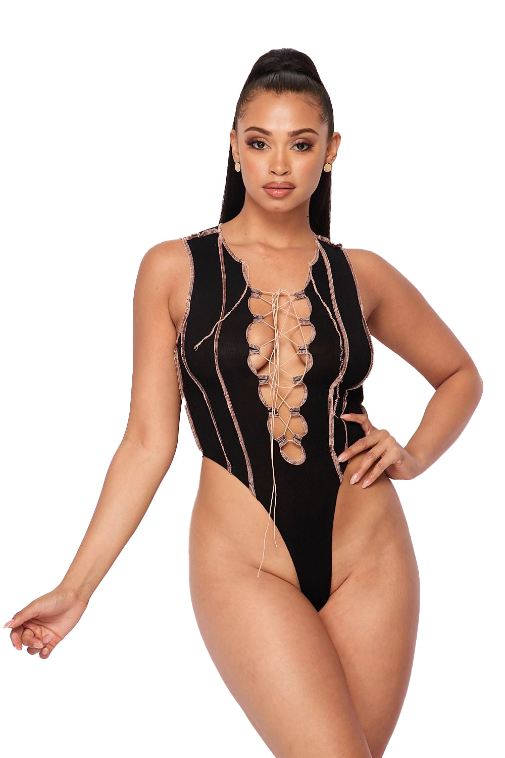 Laced Up Tank Bodysuit - {Black/Tan} Hot & Delicious