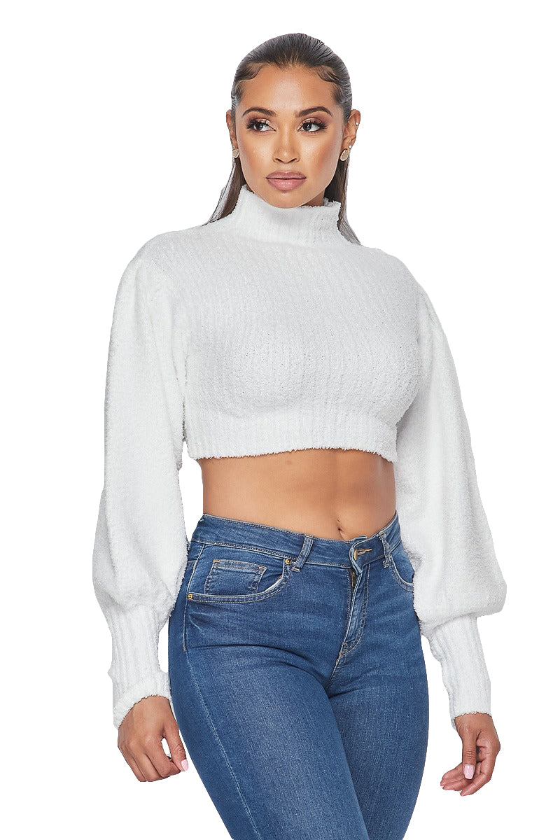 Mock Neck Crop Sweater White Fartey Womens Cable Knit Crop Sweater