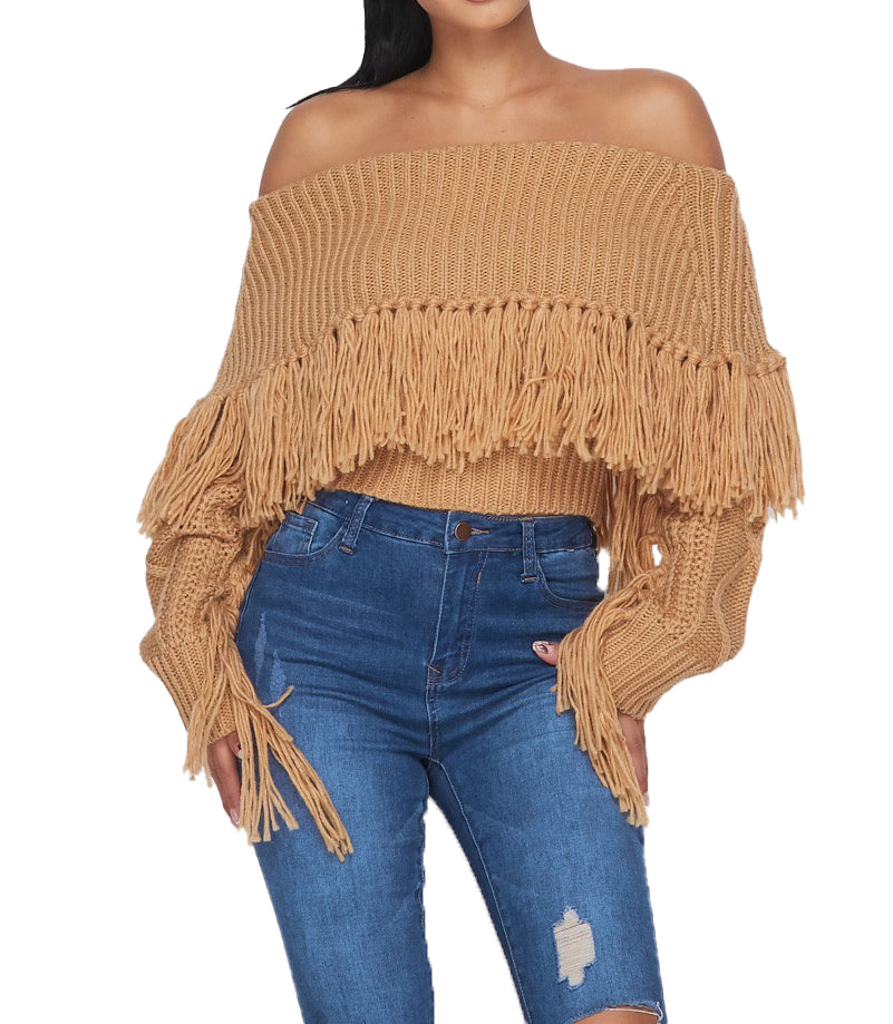 Off The Shoulder Fringe Long Sleeve Sweater Peru Small