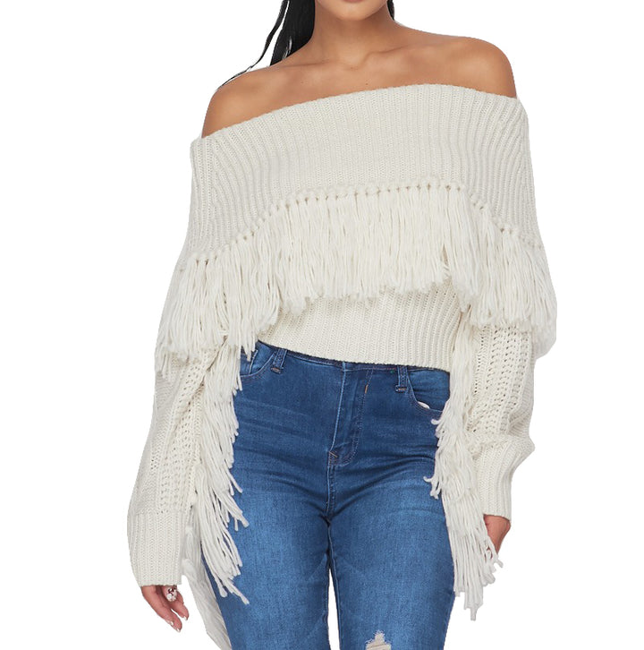Off the Shoulder Fringe Long Sleeve Sweater The House of Stylez