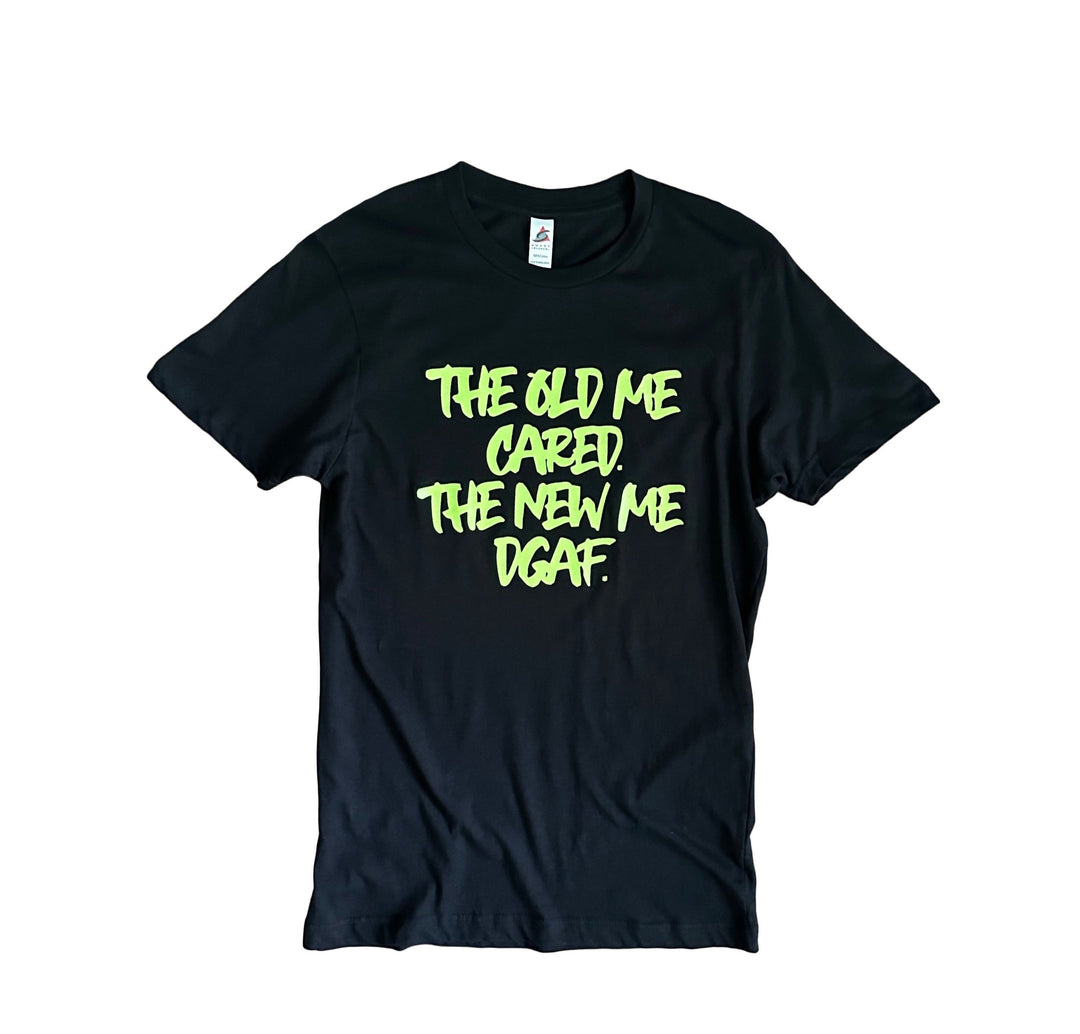 a black t - shirt with neon green writing on it