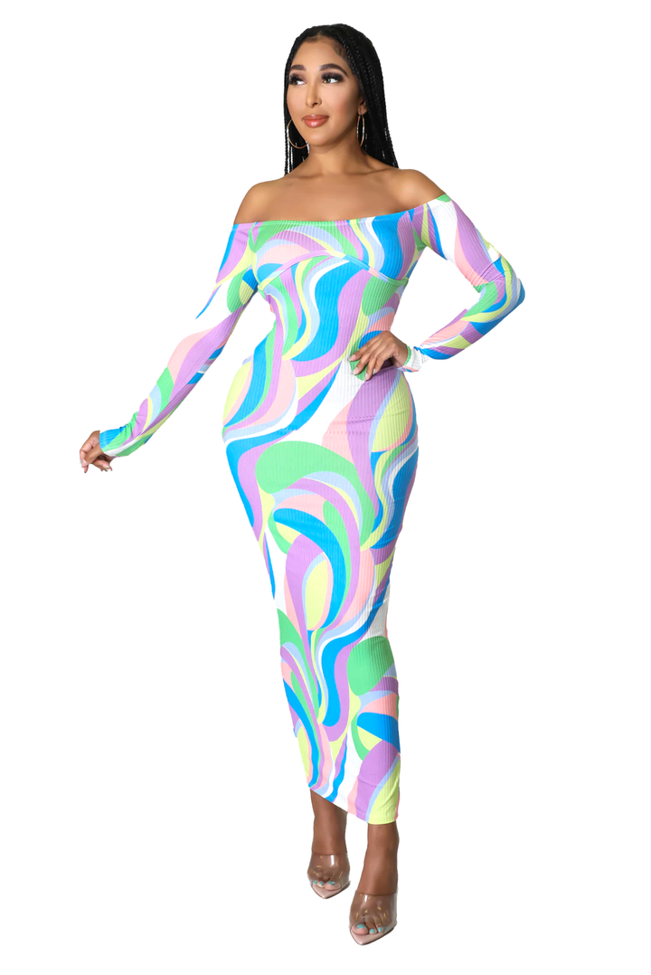 Multi Color Ribbed Long Sleeve Back Out Dress Good Times