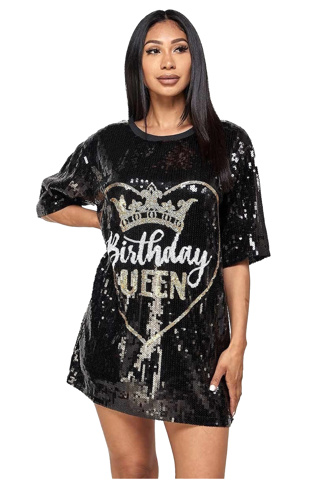 a woman wearing a black birthday queen t - shirt