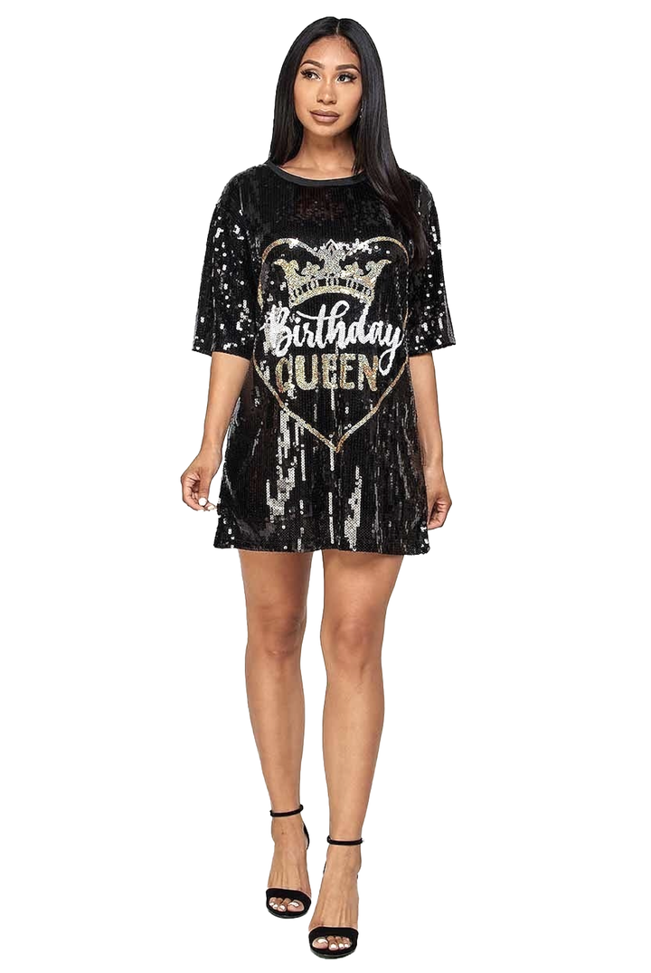a woman wearing a black sequin dress with the words birthday queen on it