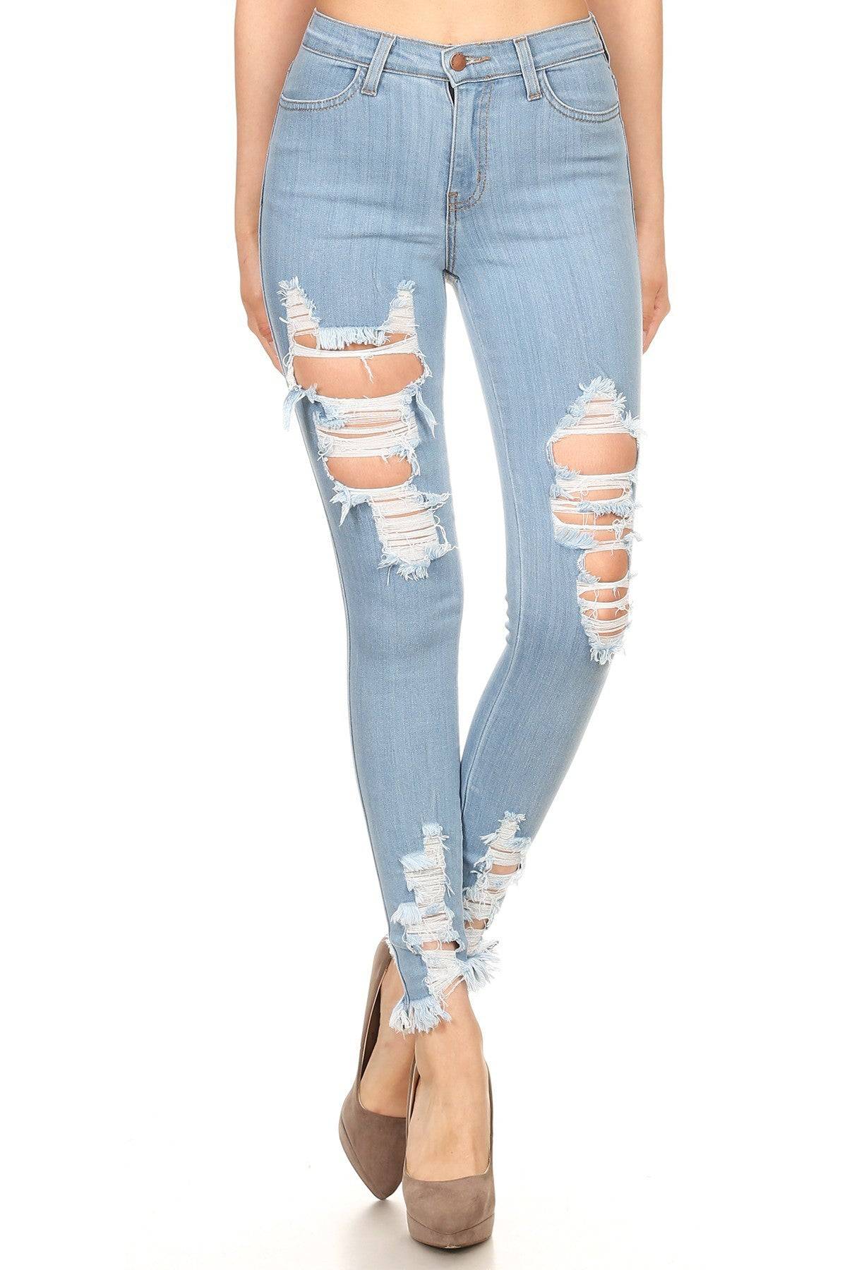 Distressed bottom skinny sales jeans